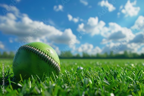 A green baseball sitting on a lush green field. Perfect for sports and outdoor themes