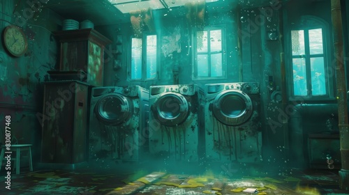 A dirty, dark room with a washer and dryer
