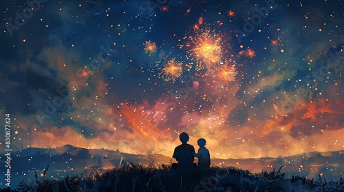 Father and Son Watching Fireworks photo