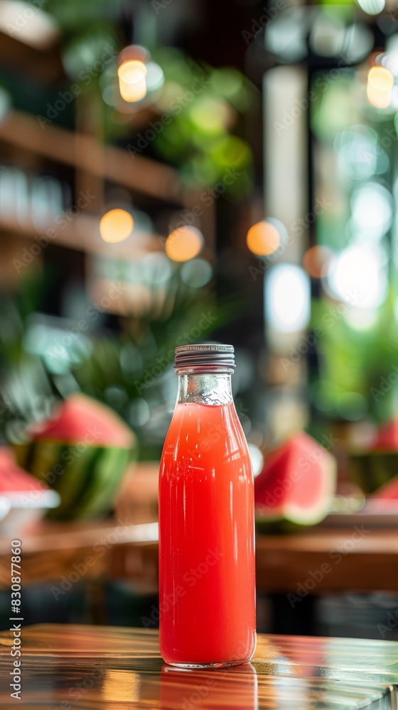 Oz glass bottle of watermelon juice on the table with a brunch setting, a bottle of watermelon juice out of focus in the background, wide angle, generated with AI Oz glass bottle of watermelon juice on the table with a brunch setting, a bottle of watermelon juice out of focus in the background, wide angle, generated with AI