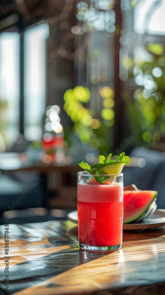 Oz glass bottle of watermelon juice on the table with a brunch setting, a bottle of watermelon juice out of focus in the background, wide angle, generated with AI