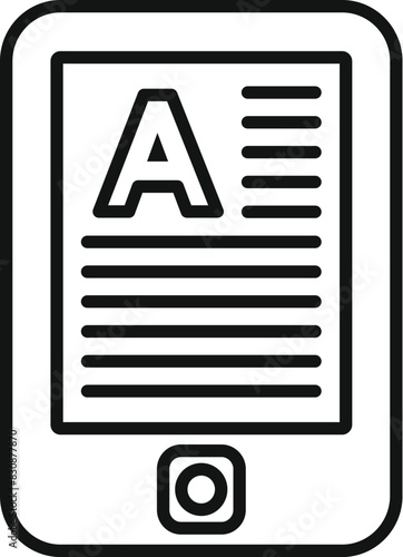 Vector illustration of a digital ereader icon in minimalist line art style. Depicting a modern technology device for reading ebooks. With a black and white graphic symbol isolated on a screen