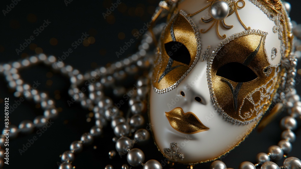 Elegant Golden Carnival Mask with Pearls on a Black Background