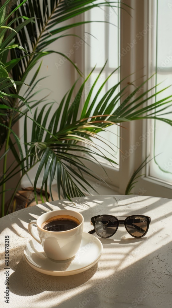 A cup of coffee on the table, black sunglasses and plant in background, shadowplay, aesthetic, pinterest style, high resolution photography, hyper realistic, generated with AI