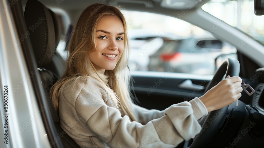 Young Woman Smiling While Holding Car Key Ready to Drive Young Woman Smiling While Holding Car Key Ready to Drive