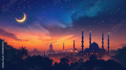 Night scene with a mosque and a crescent moon. Suitable for religious and cultural themes