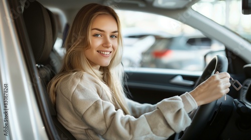 Young Woman Smiling While Holding Car Key Ready to Drive