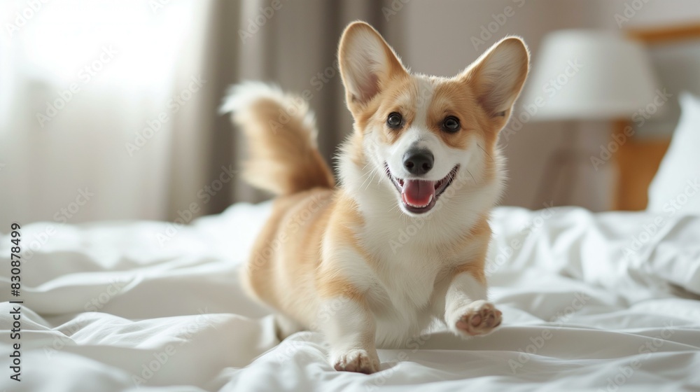 Cheerful Corgi Puppy Running Happily on a Cozy Bedroom Bed Cheerful Corgi Puppy Running Happily on a Cozy Bedroom Bed