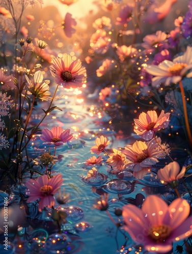 A digital illustration of a field of flowers with a flowing river with crystallized water and crystallized sparkles, in the style of contemporary fantasy art, with intricate details, generated with AI