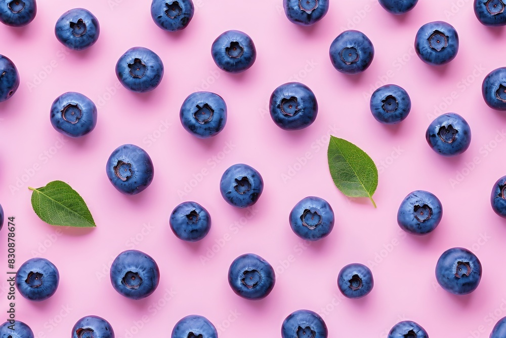 pattern of blueberries on pastel pink background, flat lay pattern of blueberries on pastel pink background, flat lay