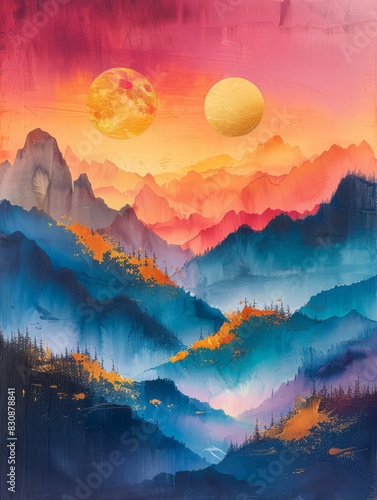 A kawaii style painting of Mountains in the style of anime magical character  iridescent colors. The background is a vibrant mix of pinks  blues  and yellows  generated with AI