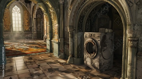 A dirty, old washing machine sits in a room with a stained glass window photo
