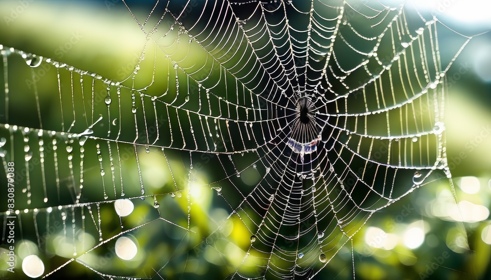 A stunning close-up of a spider web adorned with dew drops, beautifully illuminated by soft morning sunlight filtering through a natural green background.. AI Generation A stunning close-up of a spider web adorned with dew drops, beautifully illuminated by soft morning sunlight filtering through a natural green background.. AI Generation