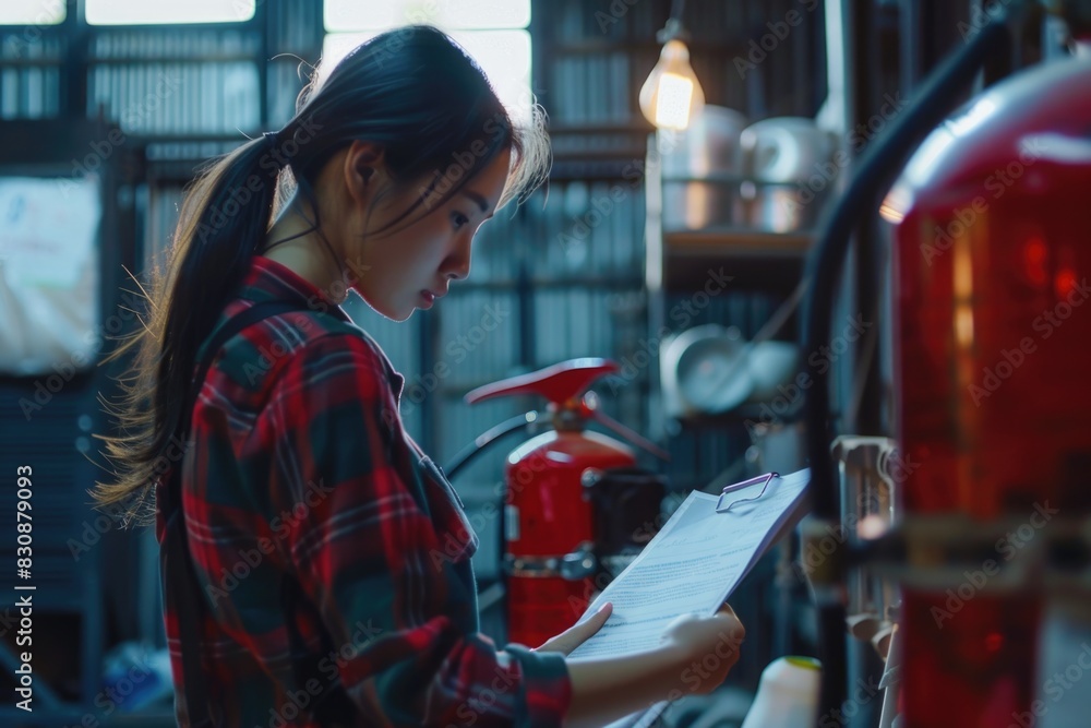 A woman in a plaid shirt looking at a piece of paper. Suitable for business or education concepts A woman in a plaid shirt looking at a piece of paper. Suitable for business or education concepts