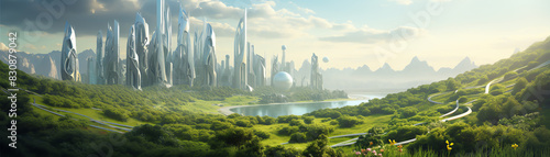 Futuristic city skyline with lush green landscape and winding path.