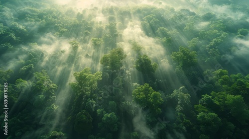 A scene shot from a birds eye view shows a dense forest, with trees towering into the clouds and sunlight shining through the leaves, adding a touch of mystery to the whole picture, generated with AI