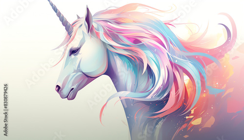 Magical unicorn with pink and blue mane, white body, and a single horn.