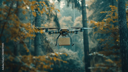 A drone is flying over a river with a box attached to it photo