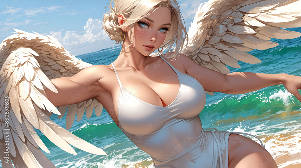 Naklejka premium A beautiful angel woman in anime style with wings. A white swimsuit. The light background of the sea. Desktop wallpaper