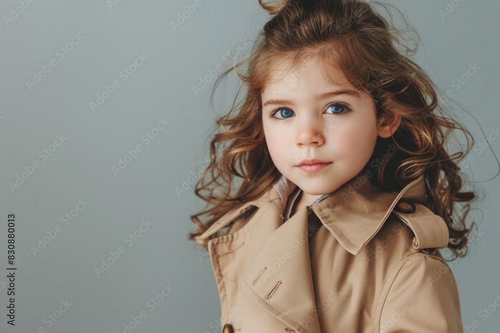 A little girl in a trench coat posing for a picture. Suitable for fashion or lifestyle concepts A little girl in a trench coat posing for a picture. Suitable for fashion or lifestyle concepts