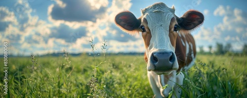 A curious cow facing the camera in a grassy field, under a bright sunny sky, isolated with plenty of space for text, ideal for agricultural reports and organic farming promotions