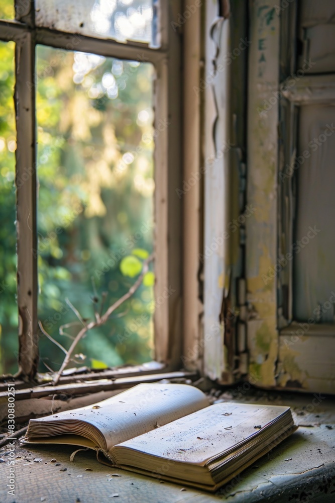 An open book resting on a window sill, suitable for education concepts An open book resting on a window sill, suitable for education concepts
