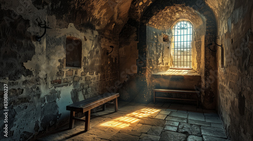 empty prison cell in an old medieval dungeon with sunlight coming from window photo