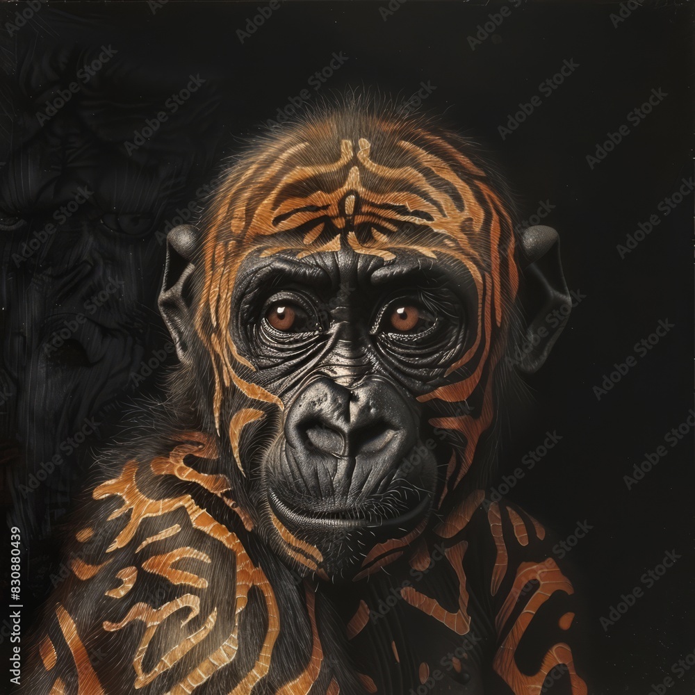A young gorilla With skin patterns of a tiger, generated with AI