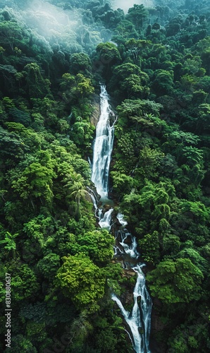 An aerial perspective of a breathtaking waterfall weaving through the dense jungle of Luang Prabang  highlighting the natural splendor of the area  generated with AI