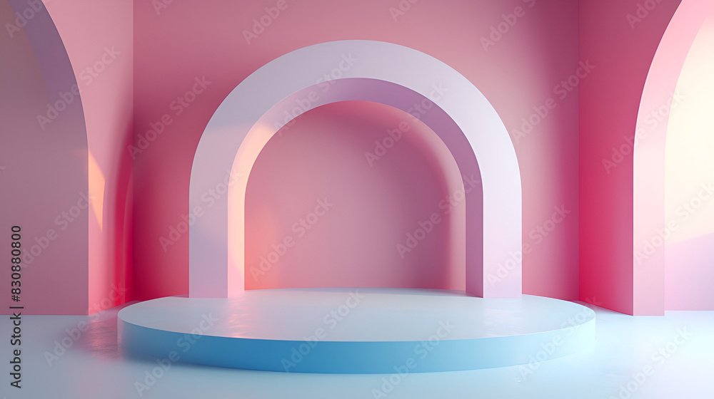 Minimalist blue and pink blending gradient podium for product display,Illustration of realistic 3d round pedestal with empty podium on clean pastel background. Product display design for presentation
Minimalist blue and pink blending gradient podium for product display,Illustration of realistic 3d round pedestal with empty podium on clean pastel background. Product display design for presentation