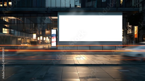 Blank advertising City Format billboard on sidewalk, evening traffic on street, urban marketing mockup, vehicles passing by, pedestrian path.