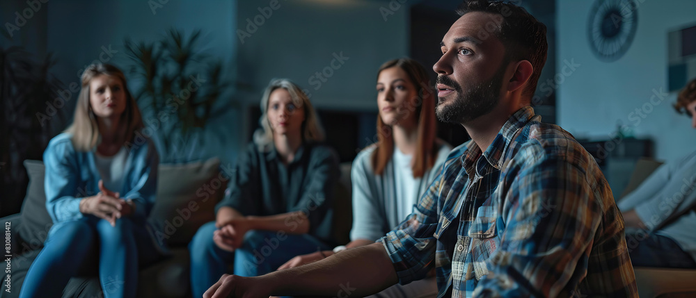 Group therapy participants discussing addiction or psychological problems. Group therapy participants discussing addiction or psychological problems.