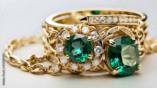 Gorgeous, sophisticated, and opulent close-up macro of gold jewelry featuring a chain, ring, green emerald gemstone, and diamonds set on a pale backdrop.
