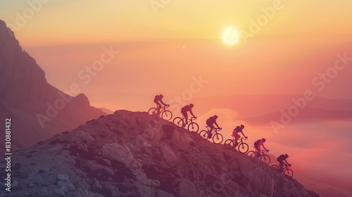Cyclists conquering mountain summit