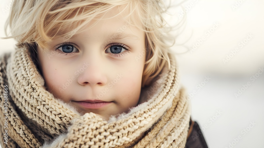 Adorable young boy with tousled blond hair wrapped in a cozy scarf, embodying the warmth and simplicity of childhood winter fashion Adorable young boy with tousled blond hair wrapped in a cozy scarf, embodying the warmth and simplicity of childhood winter fashion