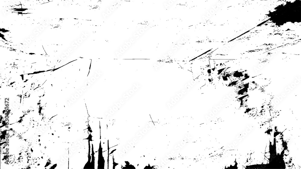 Obraz premium Grunge black and white pattern. Monochrome particles abstract texture. Background of cracks, scuffs, chips, stains, ink spots, lines. Dark design