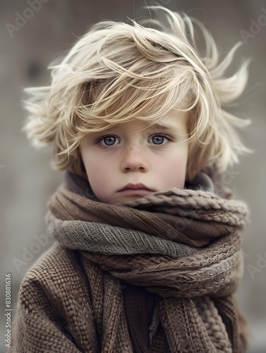 Adorable young boy with tousled blond hair wrapped in a cozy scarf, embodying the warmth and simplicity of childhood winter fashion 