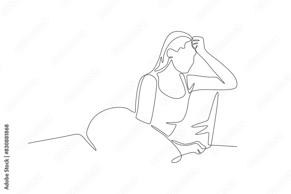 Frustrated woman having trouble sleeping while leaning back. Struggling to sleep concept one-line drawing