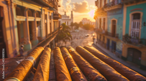 Cuban cigars on blurred background of Havana