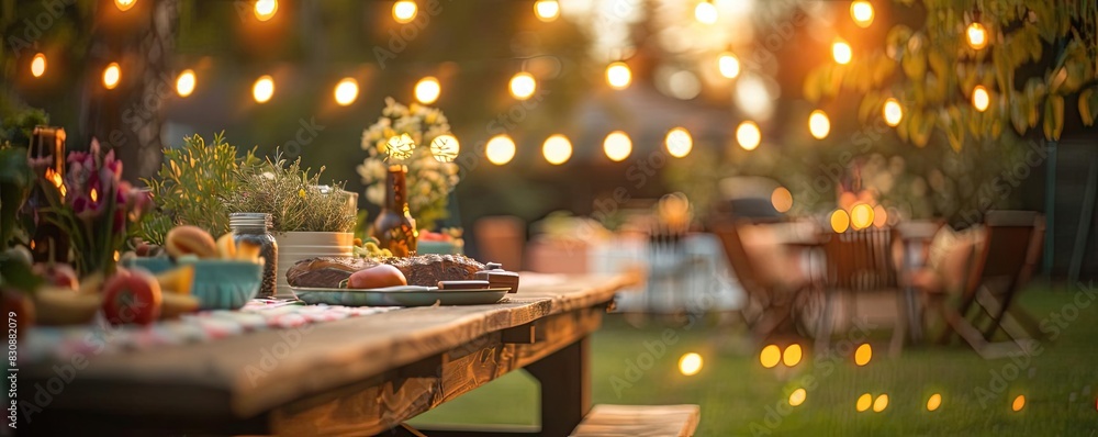 Rustic outdoor dinner setting with wooden table, string lights, flowers, and delicious food in a beautiful, cozy evening ambiance. Rustic outdoor dinner setting with wooden table, string lights, flowers, and delicious food in a beautiful, cozy evening ambiance.
