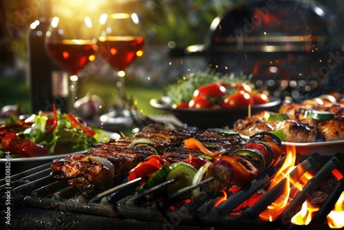 Summer BBQ with grilled skewers, vegetables, and wine glasses. Perfect outdoor meal with vibrant colors and inviting ambiance. photo