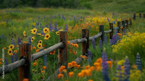 A fence is surrounded by a field of flowers, including yellow sunflowers photo