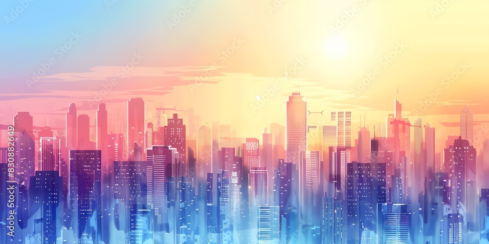a city skyline with a bright sun in the background