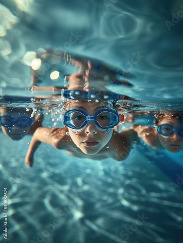 childs swims in the pool underwater