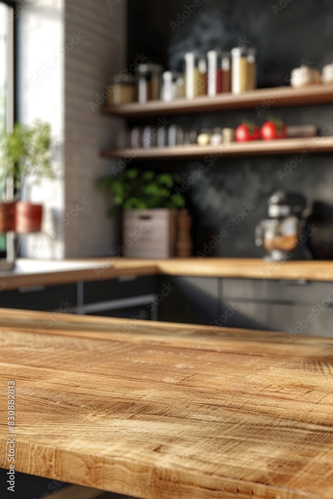 Wooden kitchen countertop with blurred background of shelves with jars and kitchenware.