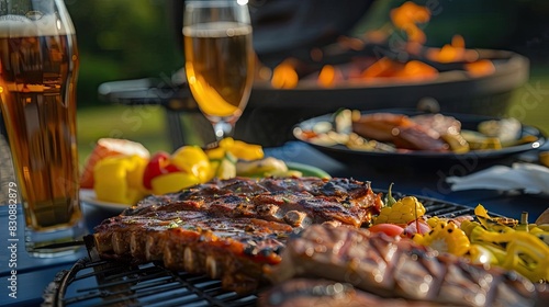 Close-up of delicious grilled ribs accompanied by fresh vegetables and beer, with a flame-grilled BBQ in the background, perfect summer meal.