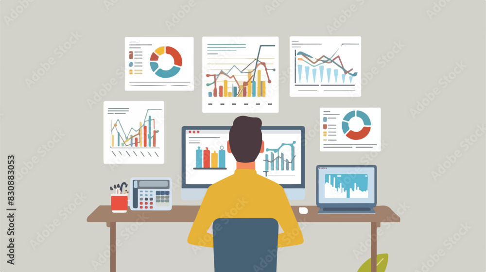 Digital marketing plan. Man analyzes statistics and m