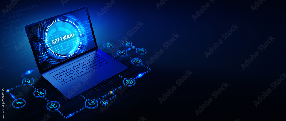 Software development and business process automation, internet and technology concept on virtual screen. 3d illustration Software development and business process automation, internet and technology concept on virtual screen. 3d illustration