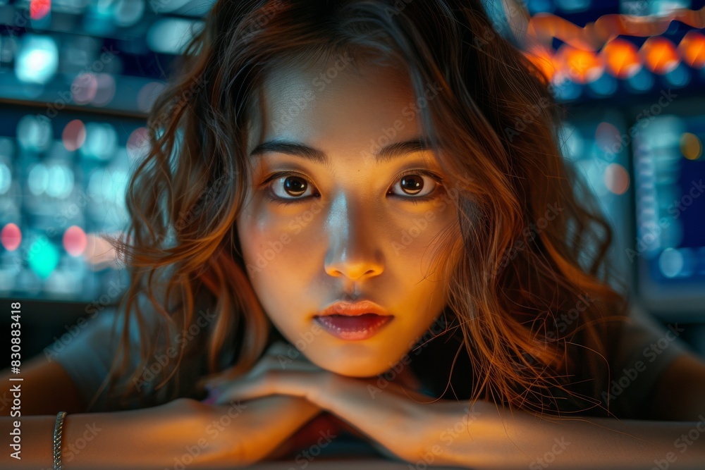 A young woman with a captivating stare is backlit by neon lights, adding drama to her sultry expression A young woman with a captivating stare is backlit by neon lights, adding drama to her sultry expression
