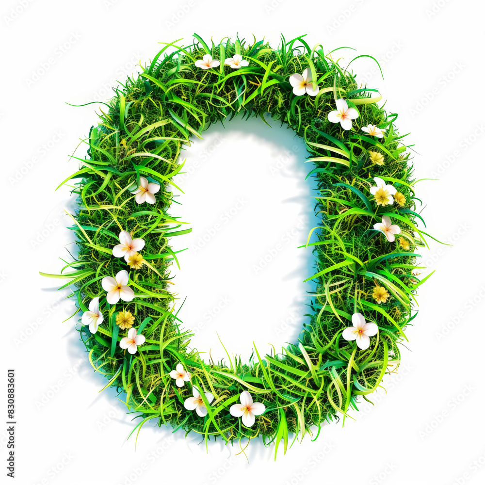 Green organic grass with tiny flowers made letter O on white clean background. Environment concept. Generative AI Green organic grass with tiny flowers made letter O on white clean background. Environment concept. Generative AI